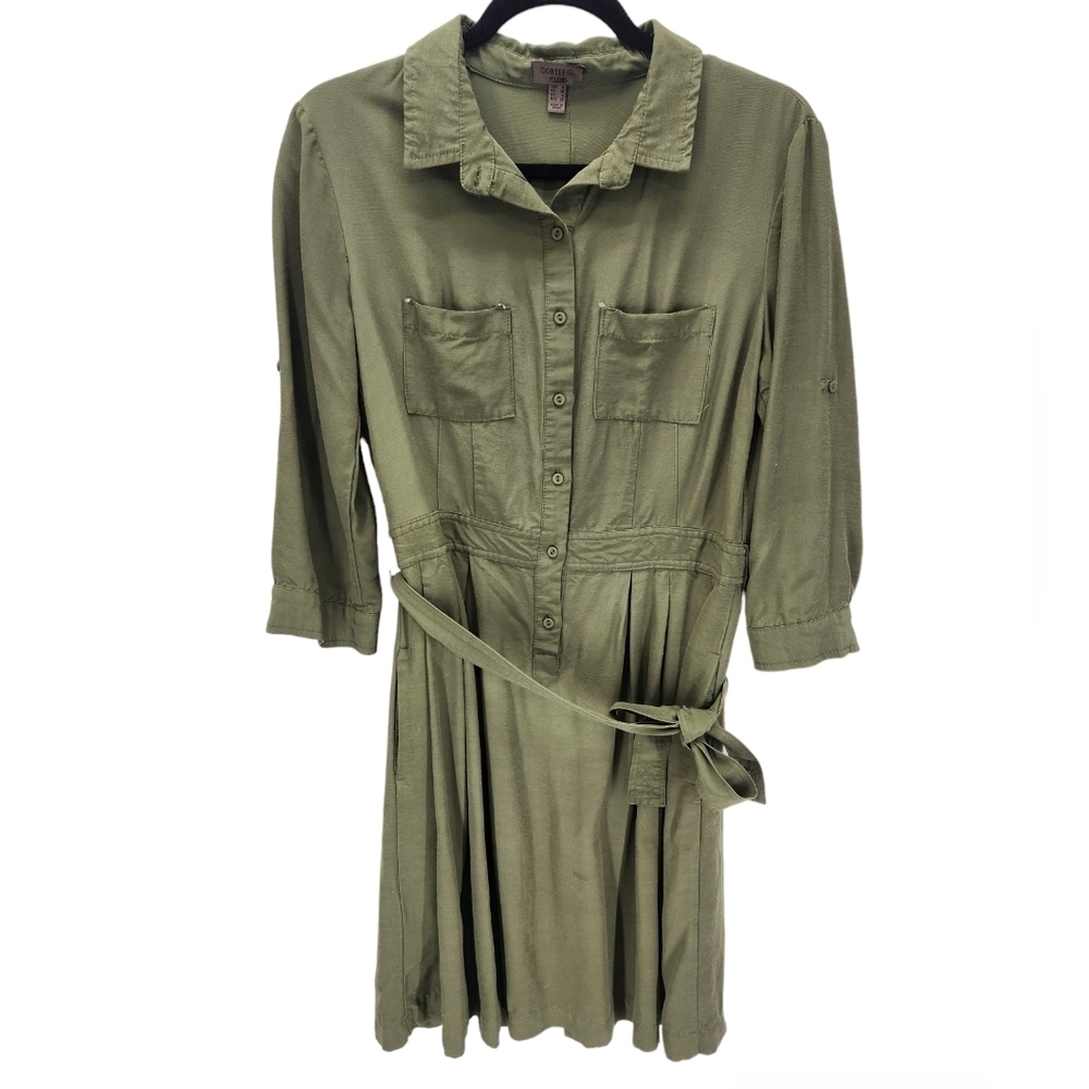 Cortefiel Shirt Dress 3/4 Sleeves Womens Size 6 Dark Green Spain Pockets